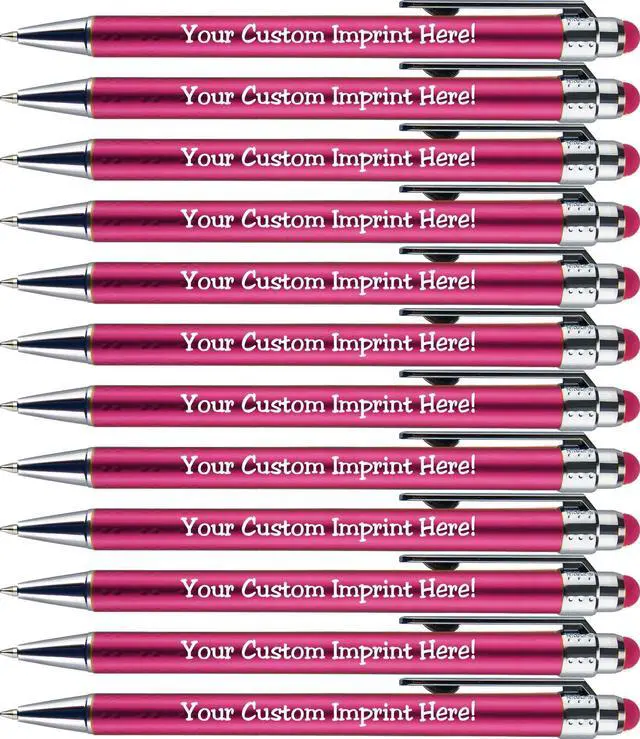 Main image of Personalized Pens with Stylus Tip -Bright Vibes- Click action - Custom - Black writing - Printed Name pens - Imprinted with Your Logo or Message - FREE PERSONALIZATION - 12 Pens/Box (Pink)