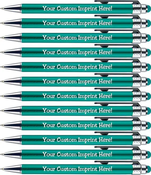 Main image of Personalized Pens with Stylus Tip -Bright Vibes- Click action - Custom - Black writing - Printed Name pens - Imprinted with Your Logo or Message - FREE PERSONALIZATION - 12 Pens/Box (Teal)