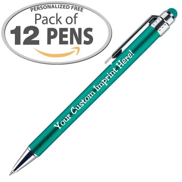 Alt view image 2 of 6 - Personalized Pens with Stylus Tip -Bright Vibes- Click action - Custom - Black writing - Printed Name pens - Imprinted with Your Logo or Message - FREE PERSONALIZATION - 12 Pens/Box (Teal)