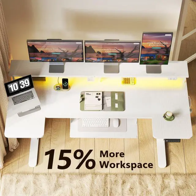 Alt view image 5 of 7 - 63 Inch U Shaped Electric Standing Desk with Keyboard Tray, White | Power Outlet, Monitor Stand, LED Light, 3 Presets, 28.3"-46.5"in Range, 154 lb Capacity