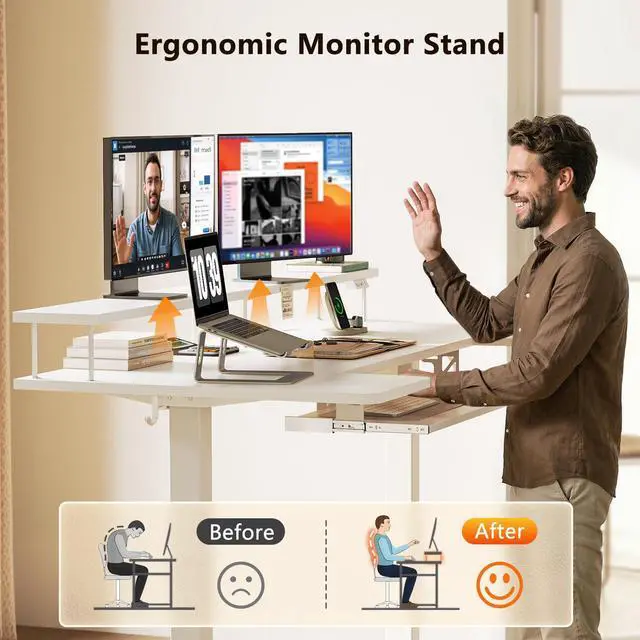 Alt view image 6 of 7 - 63 Inch U Shaped Electric Standing Desk with Keyboard Tray, White | Power Outlet, Monitor Stand, LED Light, 3 Presets, 28.3"-46.5"in Range, 154 lb Capacity