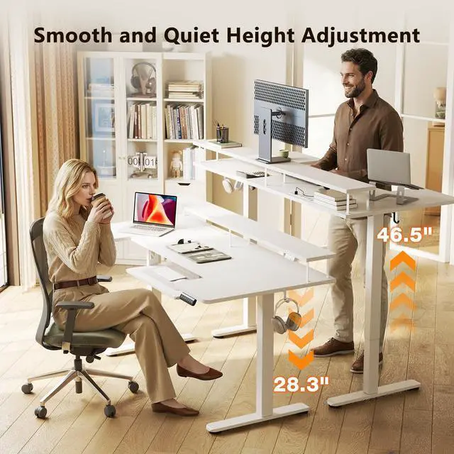 Alt view image 4 of 7 - 63 Inch U Shaped Electric Standing Desk with Keyboard Tray, White | Power Outlet, Monitor Stand, LED Light, 3 Presets, 28.3"-46.5"in Range, 154 lb Capacity