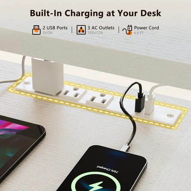 Alt view image 7 of 7 - 63 Inch U Shaped Electric Standing Desk with Keyboard Tray, White | Power Outlet, Monitor Stand, LED Light, 3 Presets, 28.3"-46.5"in Range, 154 lb Capacity