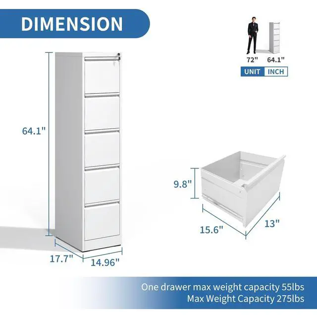 Alt view image 3 of 6 - 5 Drawer File Cabinet with Lock,Metal File Cabinet for Home Office | White Vertical Filing Cabinets Heavy Duty Office Storage Cabinets for Letter/Legal/A4/F4 Size File, Assembly Required