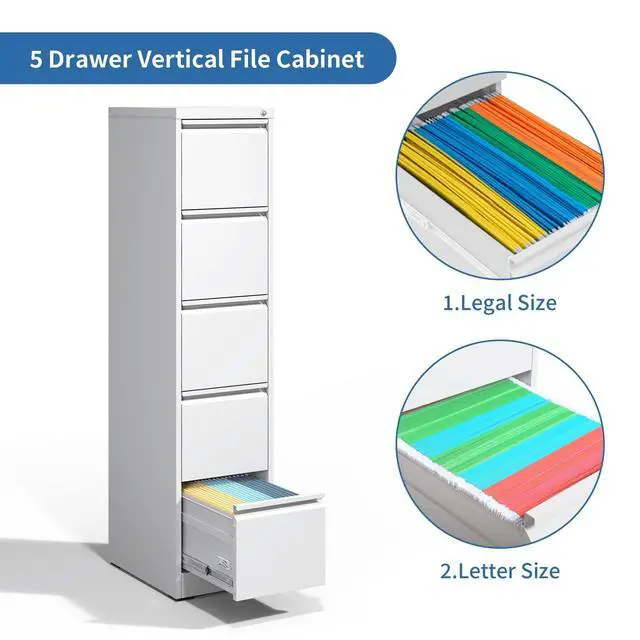 Alt view image 6 of 6 - 5 Drawer File Cabinet with Lock,Metal File Cabinet for Home Office | White Vertical Filing Cabinets Heavy Duty Office Storage Cabinets for Letter/Legal/A4/F4 Size File, Assembly Required