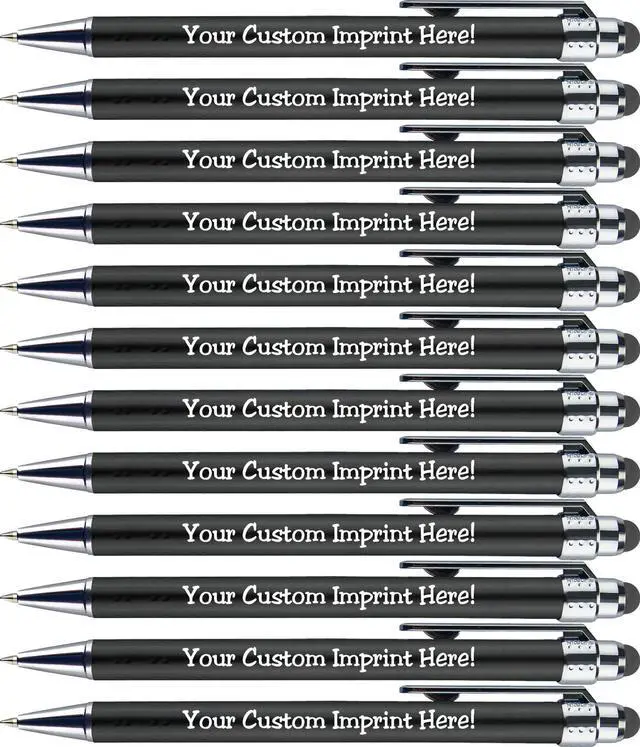 Main image of Personalized Pens with Stylus Tip -Bright Vibes- Click action - Custom - Black writing - Printed Name pens - Imprinted with Your Logo or Message - FREE PERSONALIZATION - 12 Pens/Box (Black)