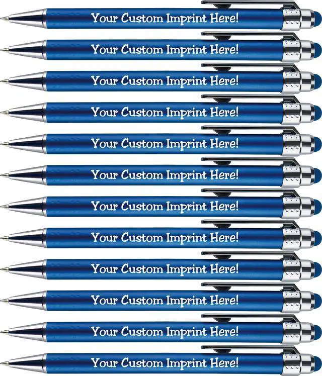 Main image of Personalized Pens with Stylus Tip -Bright Vibes- Click action - Custom - Black writing - Printed Name pens - Imprinted with Your Logo or Message - FREE PERSONALIZATION - 12 Pens/Box (Blue)