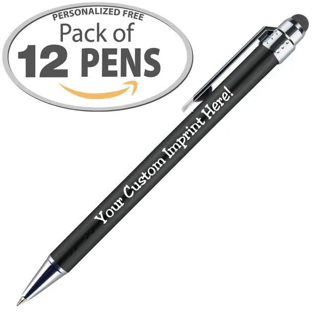 Alt view image 2 of 5 - Personalized Pens with Stylus Tip -Bright Vibes- Click action - Custom - Black writing - Printed Name pens - Imprinted with Your Logo or Message - FREE PERSONALIZATION - 12 Pens/Box (Black)
