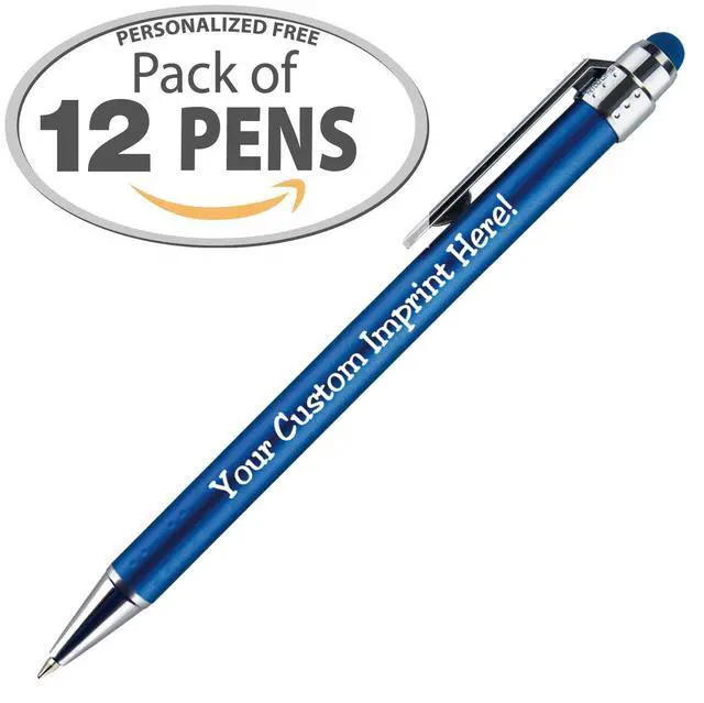 Alt view image 2 of 6 - Personalized Pens with Stylus Tip -Bright Vibes- Click action - Custom - Black writing - Printed Name pens - Imprinted with Your Logo or Message - FREE PERSONALIZATION - 12 Pens/Box (Blue)