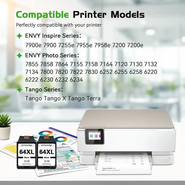 Alt view image 2 of 7 - 64XL Ink Cartridges Replacement for HP Black Ink 64 XL (2 Pack, Black) | Compatible 64XL Ink Work for ENVY Inspire 7200 7200e 7900 7900e 7255e 7955e 7958e Photo 7858 7855 6255 Tango Series Printer
