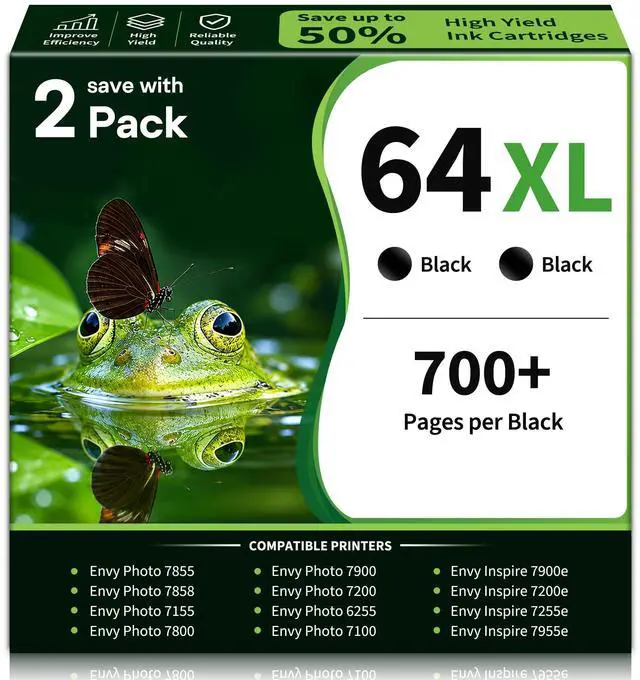 Main image of 64XL Ink Cartridges Replacement for HP Black Ink 64 XL (2 Pack, Black) | Compatible 64XL Ink Work for ENVY Inspire 7200 7200e 7900 7900e 7255e 7955e 7958e Photo 7858 7855 6255 Tango Series Printer