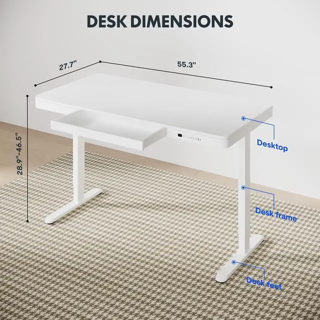 Alt view image 3 of 7 - Comhar 55" Electric Standing Desk with Drawers, USB Charging Ports, Quick Assembly, Height Adjustable Sit Stand Computer Desk with Child Lock for Modern Minimalist Home Office, White
