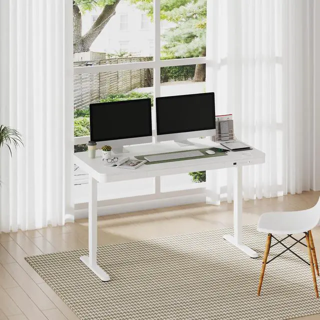 Alt view image 2 of 7 - Comhar 55" Electric Standing Desk with Drawers, USB Charging Ports, Quick Assembly, Height Adjustable Sit Stand Computer Desk with Child Lock for Modern Minimalist Home Office, White