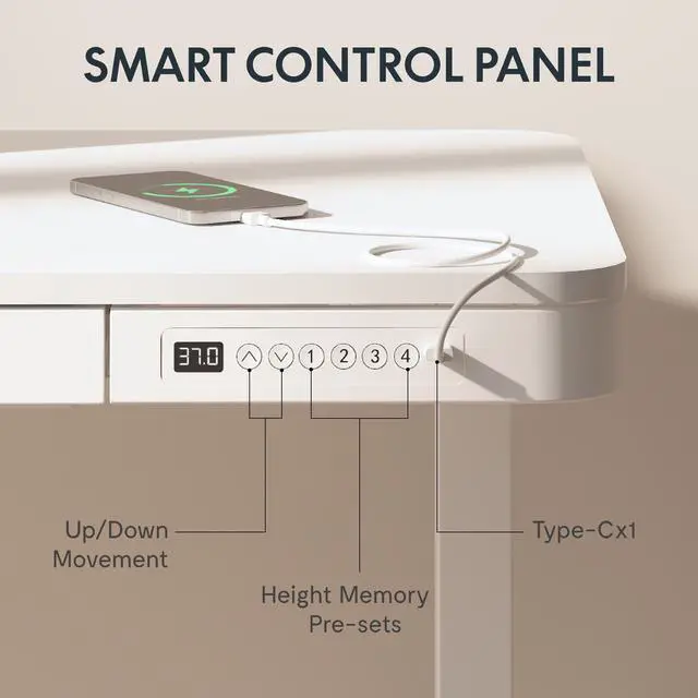 Alt view image 4 of 7 - Comhar 55" Electric Standing Desk with Drawers, USB Charging Ports, Quick Assembly, Height Adjustable Sit Stand Computer Desk with Child Lock for Modern Minimalist Home Office, White