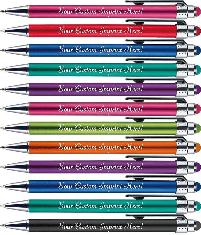 Alt view image 5 of 6 - Personalized Pens with Stylus Tip -Bright Vibes- Click action - Custom - Black writing - Printed Name pens - Imprinted with Your Logo or Message - FREE PERSONALIZATION - 12 Pens/Box (Blue)