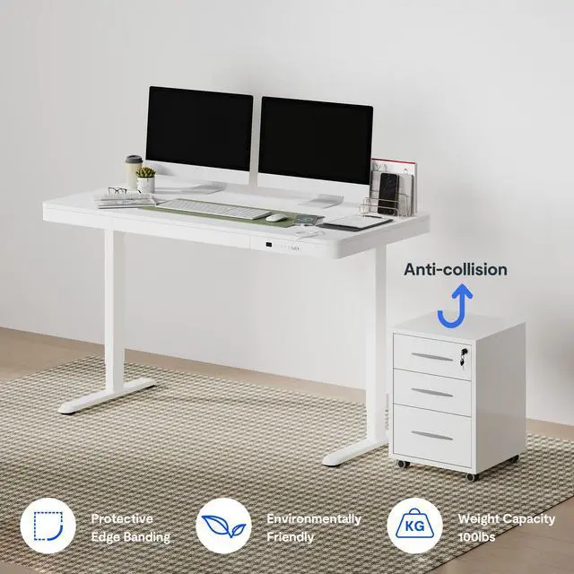 Alt view image 7 of 7 - Comhar 55" Electric Standing Desk with Drawers, USB Charging Ports, Quick Assembly, Height Adjustable Sit Stand Computer Desk with Child Lock for Modern Minimalist Home Office, White