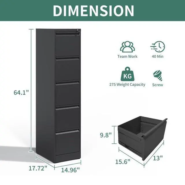 Alt view image 3 of 6 - 5 Drawer File Cabinet with Lock,Metal File Cabinet for Home Office | Black Vertical Filing Cabinets Heavy Duty Office Storage Cabinets for Letter/Legal/A4/F4 Size File, Assembly Required