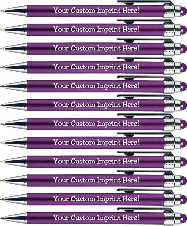 Main image of Personalized Pens with Stylus Tip -Bright Vibes- Click action - Custom - Black writing - Printed Name pens - Imprinted with Your Logo or Message - FREE PERSONALIZATION - 12 Pens/Box (Purple)