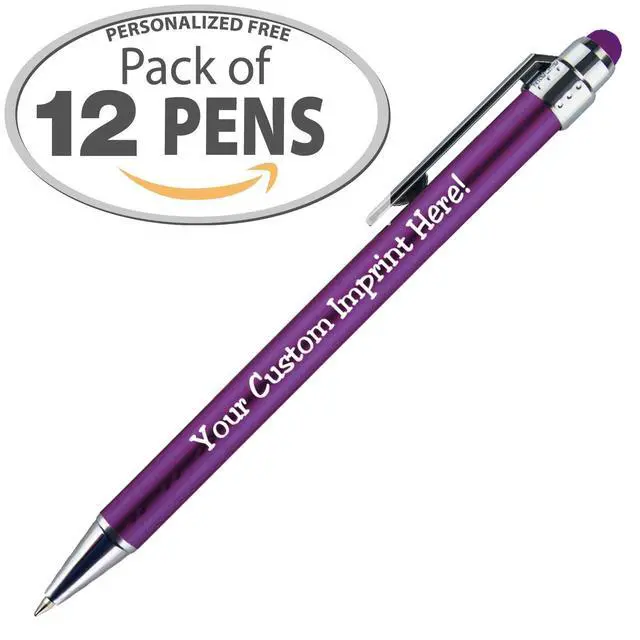 Alt view image 2 of 6 - Personalized Pens with Stylus Tip -Bright Vibes- Click action - Custom - Black writing - Printed Name pens - Imprinted with Your Logo or Message - FREE PERSONALIZATION - 12 Pens/Box (Purple)