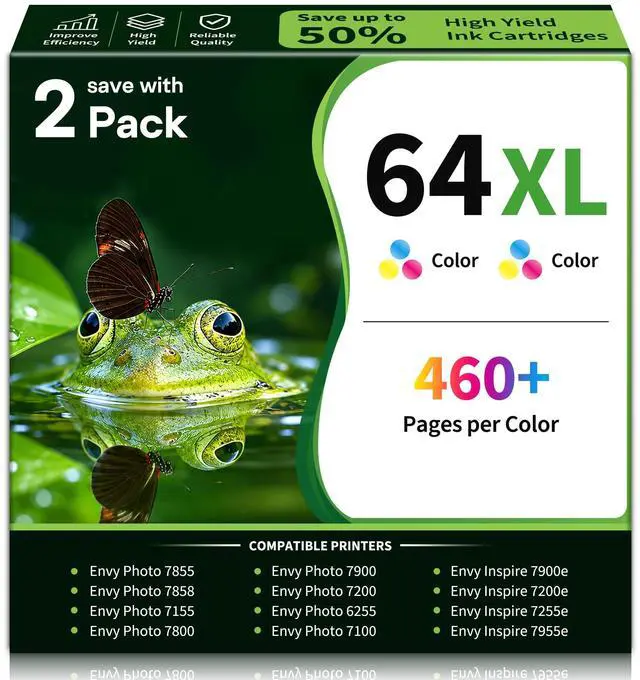 Main image of 64XL Ink Cartridges Replacement for HP Color Ink 64 XL (2 Pack, Color) | Compatible 64XL Ink Work for ENVY Inspire 7200 7200e 7900 7900e 7255e 7955e 7958e Photo 7858 7855 6255 Tango Series Printer
