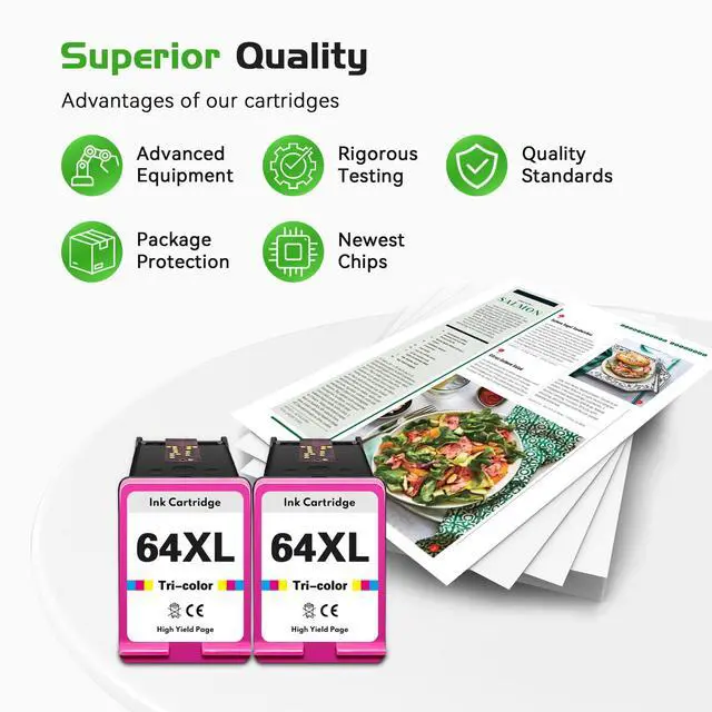 Alt view image 5 of 7 - 64XL Ink Cartridges Replacement for HP Color Ink 64 XL (2 Pack, Color) | Compatible 64XL Ink Work for ENVY Inspire 7200 7200e 7900 7900e 7255e 7955e 7958e Photo 7858 7855 6255 Tango Series Printer