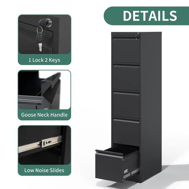 Alt view image 5 of 6 - 5 Drawer File Cabinet with Lock,Metal File Cabinet for Home Office | Black Vertical Filing Cabinets Heavy Duty Office Storage Cabinets for Letter/Legal/A4/F4 Size File, Assembly Required