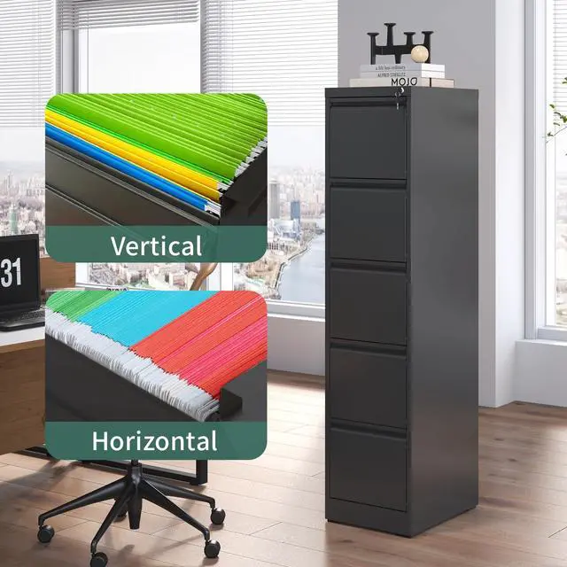 Alt view image 6 of 6 - 5 Drawer File Cabinet with Lock,Metal File Cabinet for Home Office | Black Vertical Filing Cabinets Heavy Duty Office Storage Cabinets for Letter/Legal/A4/F4 Size File, Assembly Required