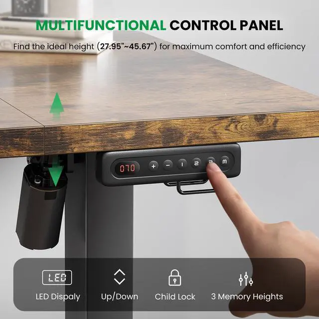 Alt view image 6 of 7 - Brown 47x24 in Electric Standing Desk, 0.8 Inch Thick Tabletop | Holds 200lbs, Sit Stand, 3 Memory Height Adjustment, Extra Deep Table Top, Black Frame