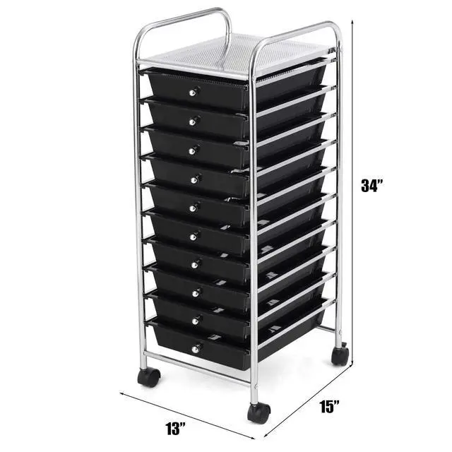 Alt view image 3 of 7 - 10-Drawer Storage Cart, Utility Cart with Removable Drawers & Metal Frame, Rolling Storage Cart with Lockable Wheels for Home, Office, Black
