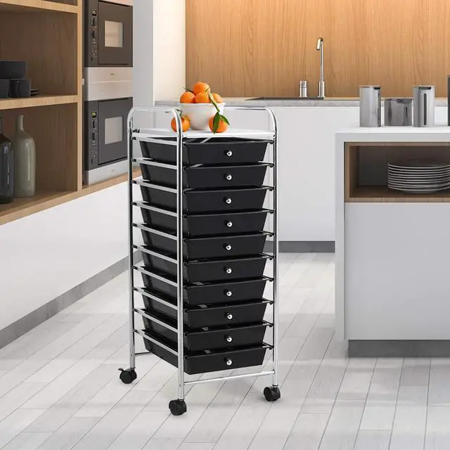 Alt view image 4 of 7 - 10-Drawer Storage Cart, Utility Cart with Removable Drawers & Metal Frame, Rolling Storage Cart with Lockable Wheels for Home, Office, Black
