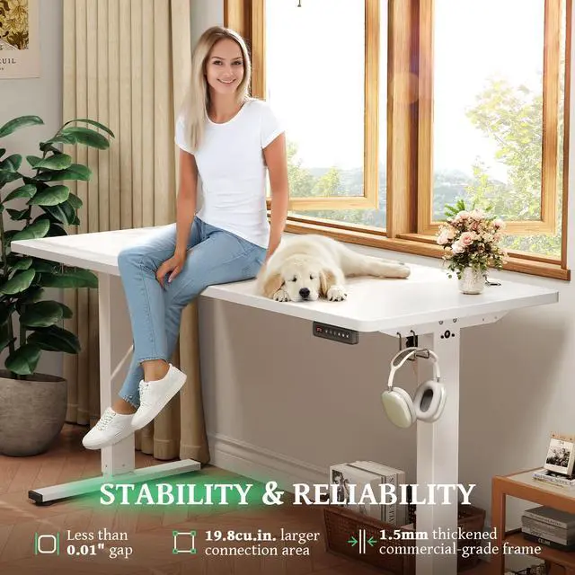 Alt view image 4 of 7 - White 47x24 in Electric Standing Desk, 0.8 Inch Thick Tabletop | Holds 200lbs, Sit Stand, 3 Memory Height Adjustment, Extra Deep Table Top, White Frame