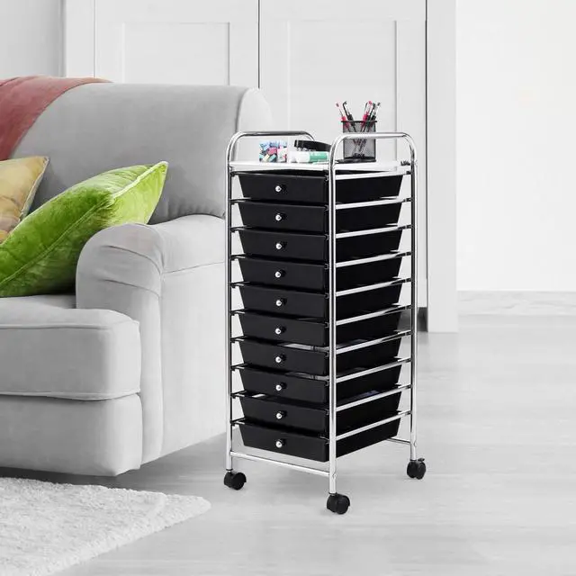 Alt view image 5 of 7 - 10-Drawer Storage Cart, Utility Cart with Removable Drawers & Metal Frame, Rolling Storage Cart with Lockable Wheels for Home, Office, Black