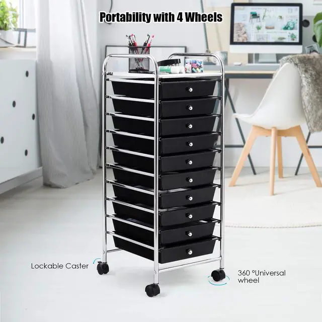 Alt view image 7 of 7 - 10-Drawer Storage Cart, Utility Cart with Removable Drawers & Metal Frame, Rolling Storage Cart with Lockable Wheels for Home, Office, Black