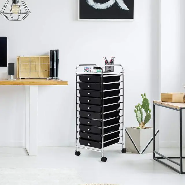 Alt view image 6 of 7 - 10-Drawer Storage Cart, Utility Cart with Removable Drawers & Metal Frame, Rolling Storage Cart with Lockable Wheels for Home, Office, Black