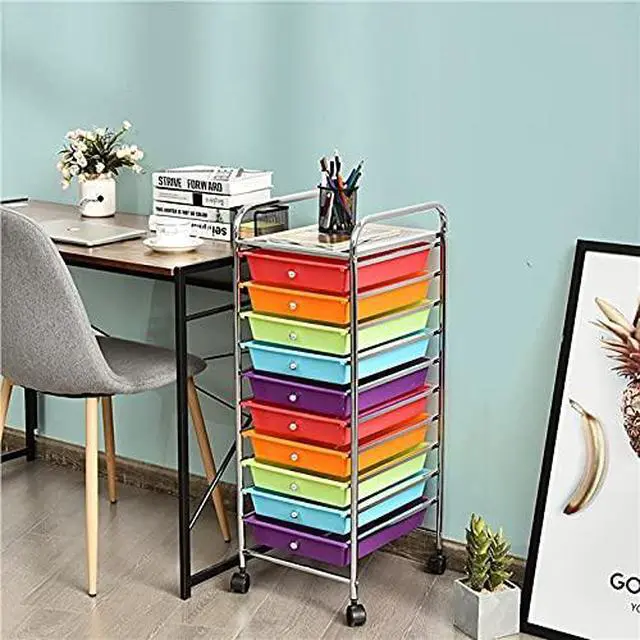 Alt view image 2 of 7 - 10-Drawer Storage Cart, Utility Cart with Removable Drawers & Metal Frame, Rolling Storage Cart with Lockable Wheels for Home, Office, Multicolor