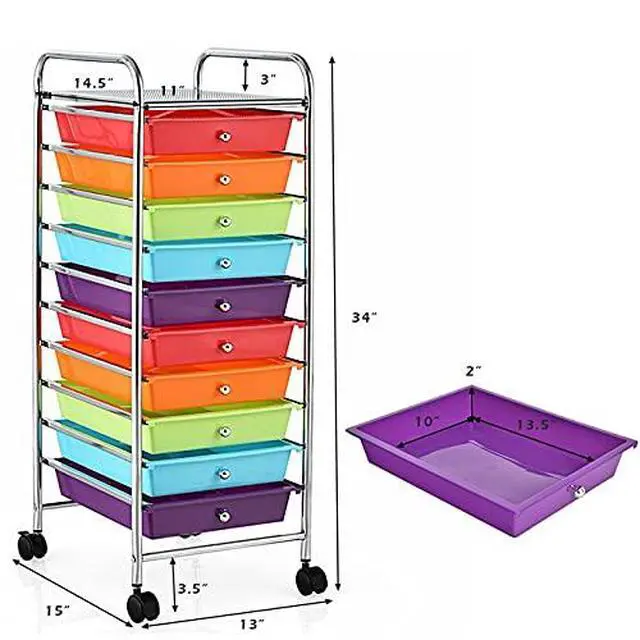 Alt view image 3 of 7 - 10-Drawer Storage Cart, Utility Cart with Removable Drawers & Metal Frame, Rolling Storage Cart with Lockable Wheels for Home, Office, Multicolor