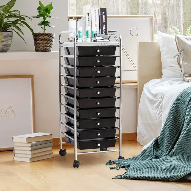 Alt view image 2 of 7 - 10-Drawer Storage Cart, Utility Cart with Removable Drawers & Metal Frame, Rolling Storage Cart with Lockable Wheels for Home, Office, Black
