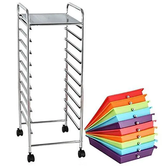 Alt view image 5 of 7 - 10-Drawer Storage Cart, Utility Cart with Removable Drawers & Metal Frame, Rolling Storage Cart with Lockable Wheels for Home, Office, Multicolor