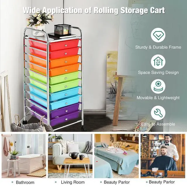 Alt view image 4 of 7 - 10-Drawer Storage Cart, Utility Cart with Removable Drawers & Metal Frame, Rolling Storage Cart with Lockable Wheels for Home, Office, Multicolor