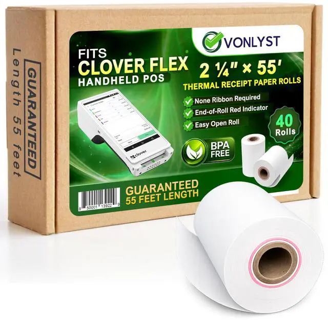 Main image of Clover Flex Paper Rolls 2 1/4" x 55 Thermal Receipt Paper 40 Rolls Pack - BPA Free POS Printer & Credit Card Machine Compatible C400 C401 C403 C405 C406
