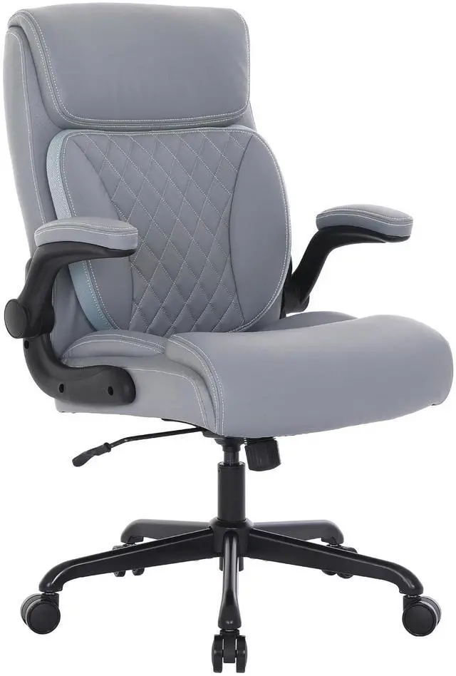 Main image of Executive Office Chair, Leather Computer Desk Chair, Grey | Ergonomic, PU, Lumbar Support, 400 LBS Capacity, Flip-up Armrests and Adjustable Height, for Home Office