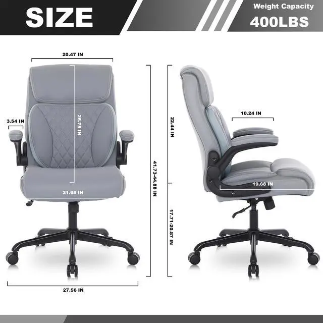 Alt view image 3 of 7 - Executive Office Chair, Leather Computer Desk Chair, Grey | Ergonomic, PU, Lumbar Support, 400 LBS Capacity, Flip-up Armrests and Adjustable Height, for Home Office