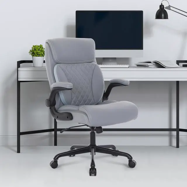 Alt view image 2 of 7 - Executive Office Chair, Leather Computer Desk Chair, Grey | Ergonomic, PU, Lumbar Support, 400 LBS Capacity, Flip-up Armrests and Adjustable Height, for Home Office