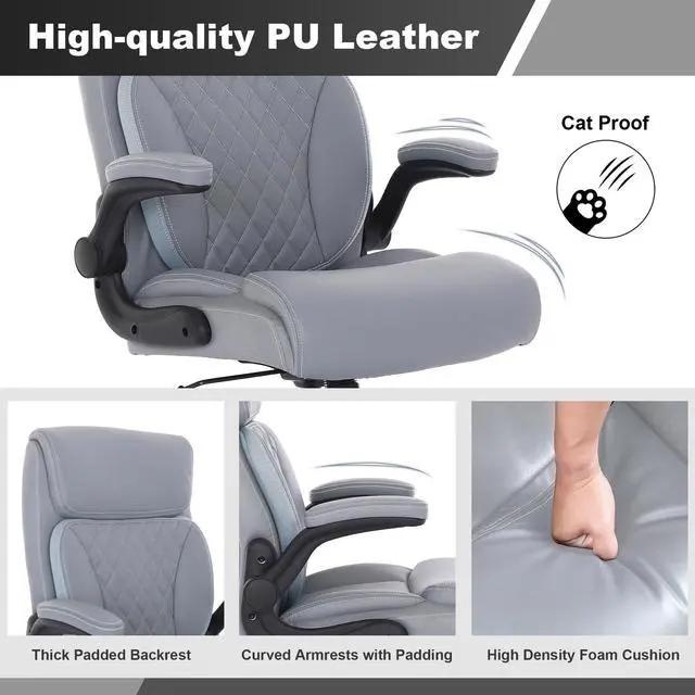 Alt view image 4 of 7 - Executive Office Chair, Leather Computer Desk Chair, Grey | Ergonomic, PU, Lumbar Support, 400 LBS Capacity, Flip-up Armrests and Adjustable Height, for Home Office