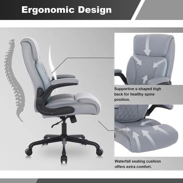Alt view image 5 of 7 - Executive Office Chair, Leather Computer Desk Chair, Grey | Ergonomic, PU, Lumbar Support, 400 LBS Capacity, Flip-up Armrests and Adjustable Height, for Home Office