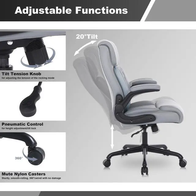 Alt view image 6 of 7 - Executive Office Chair, Leather Computer Desk Chair, Grey | Ergonomic, PU, Lumbar Support, 400 LBS Capacity, Flip-up Armrests and Adjustable Height, for Home Office