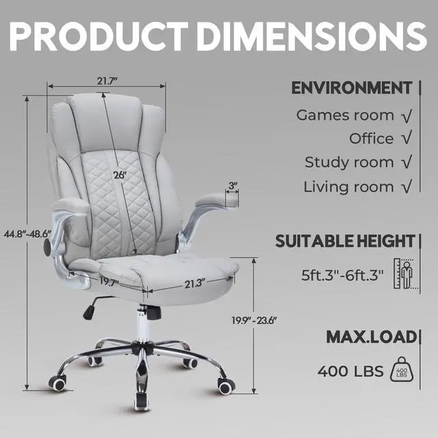 Alt view image 2 of 6 - 400lbs Executive Office Chair with Flip-Up Armrests, Big and Tall Computer Chair for Heavy People, Heavy Duty Ergonomic Comfy Chair, Breathable PU Leather (Grey)