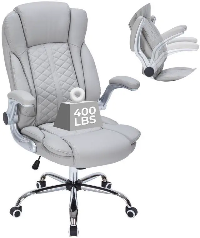 Main image of 400lbs Executive Office Chair with Flip-Up Armrests, Big and Tall Computer Chair for Heavy People, Heavy Duty Ergonomic Comfy Chair, Breathable PU Leather (Grey)