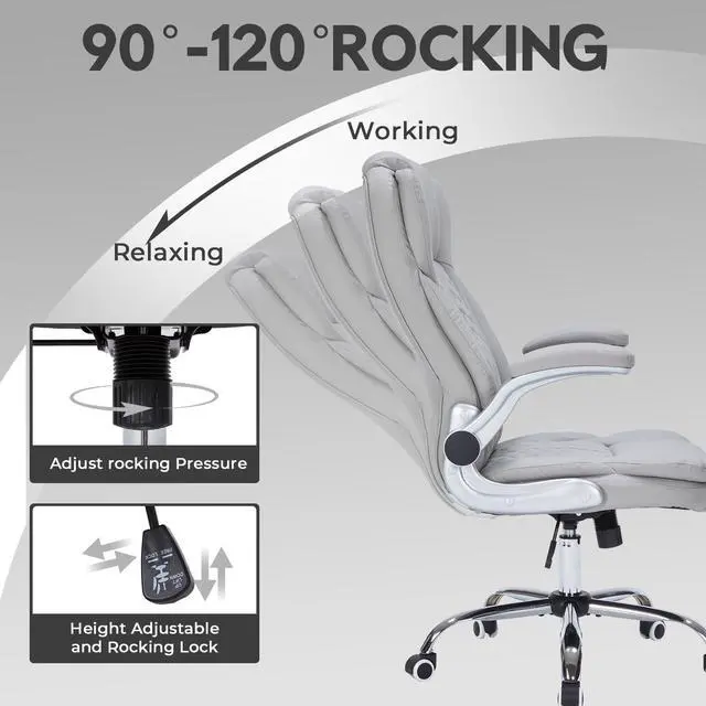Alt view image 3 of 6 - 400lbs Executive Office Chair with Flip-Up Armrests, Big and Tall Computer Chair for Heavy People, Heavy Duty Ergonomic Comfy Chair, Breathable PU Leather (Grey)