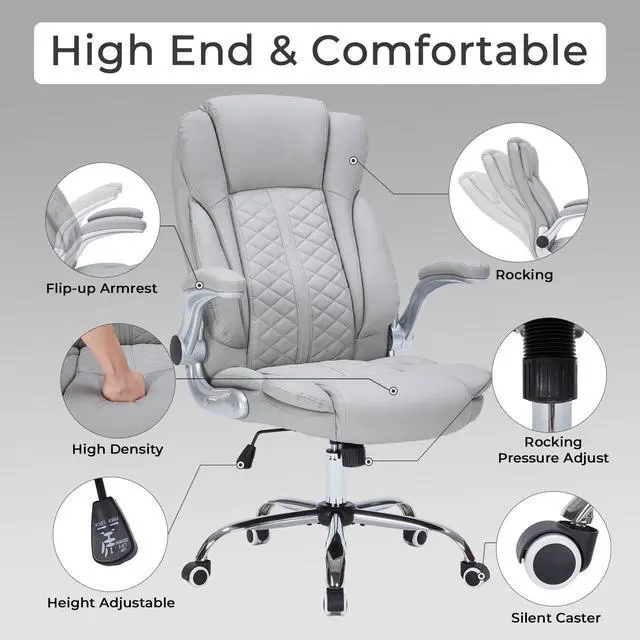 Alt view image 4 of 6 - 400lbs Executive Office Chair with Flip-Up Armrests, Big and Tall Computer Chair for Heavy People, Heavy Duty Ergonomic Comfy Chair, Breathable PU Leather (Grey)